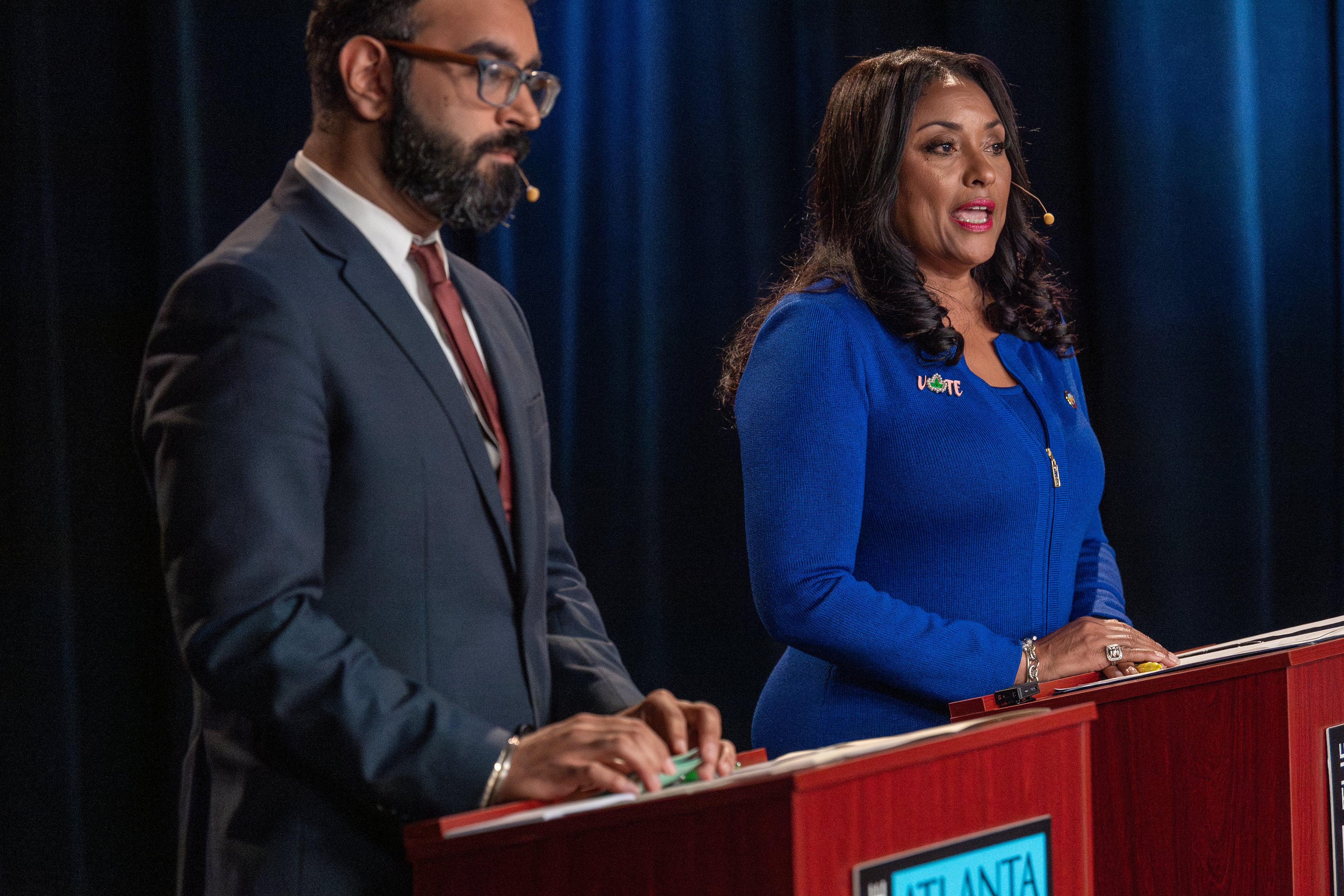 Candidates for Atlanta City Council president Rohit Malhotra (left) and Council member Marci Collier Overstreet (right) take part in the Atlanta Press Club debate on Oct. 8, 2025. (Courtesy of John Glenn/J Glenn Photography)
