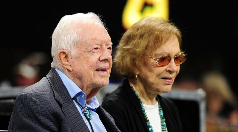President Jimmy Carter and his wife, Rosalynn, prior to a game between the Atlanta Falcons and the Cincinnati Bengals at Mercedes-Benz Stadium on September 30, 2018 in Atlanta, Georgia. Scott Cunningham/Getty Images