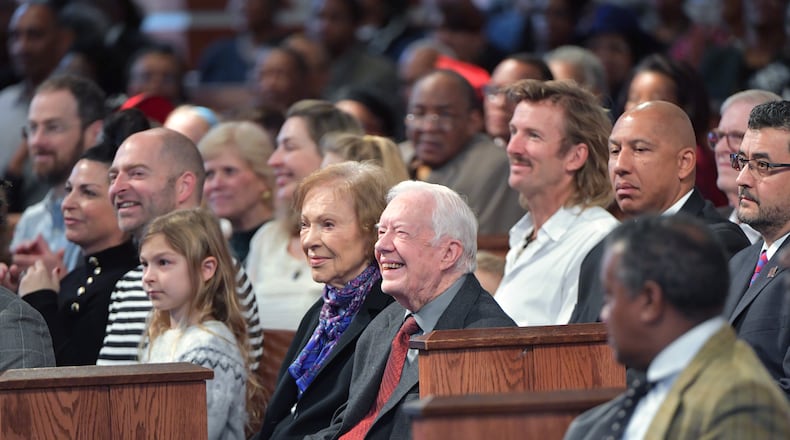 Former President Jimmy Carter, wife Rosalynn and members of their family attend the Sunday morning service at Ebenezer Baptist Church in Atlanta on December 30, 2018. (Photo: Hyosub Shin/AJC)