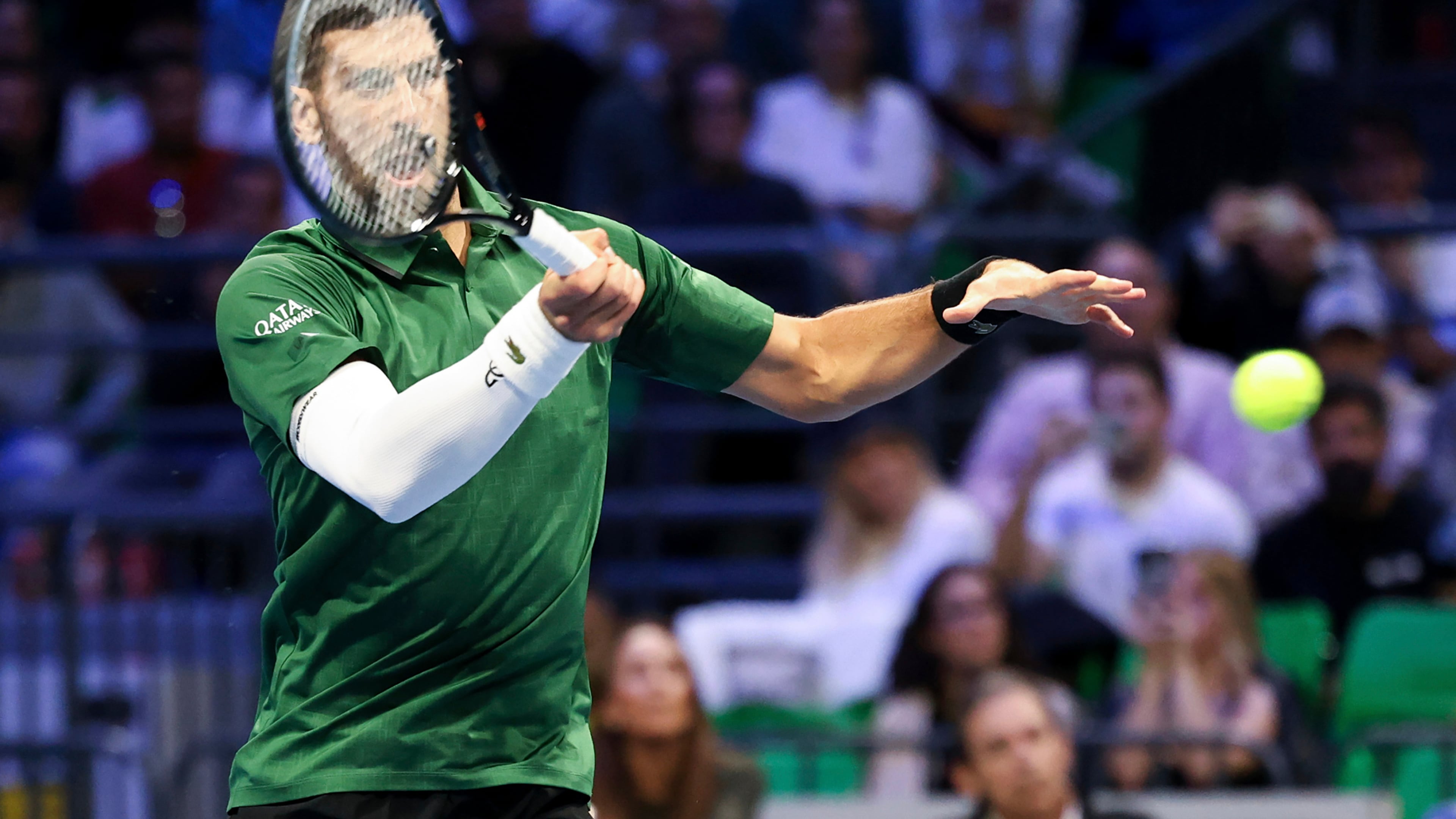 Novak Djokovic of Serbia plays a shot against Lorenzo Musetti of Italy during the ATP 250 tennis tournament final match, in Athens, Greece, Saturday, Nov. 8, 2025. (AP Photo/Yorgos Karahalis)