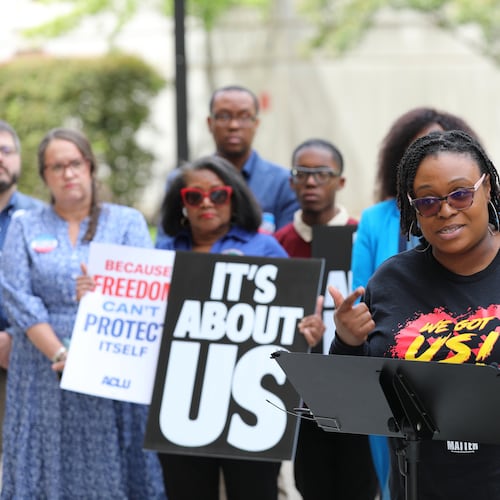 Danielle Brown, National Field Co-Director of Black Voters Matter, speaks about redistricting at the South Carolina Statehouse on Friday, May 8, 2026, in Columbia, S.C. (AP Photo/Jeffrey Collins)