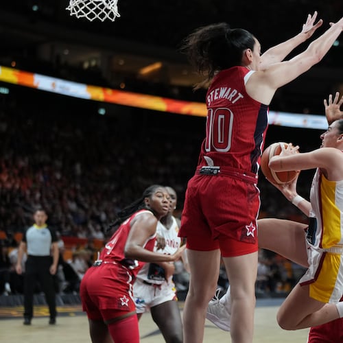 Breanna Stewart, of the United States, guards Spain's Iyana Martín during the Women's Basketball World Cup semifinal match between the United States and Spain in Berlin, Saturday, Sept. 12, 2026. (AP Photo/Ebrahim Noroozi)