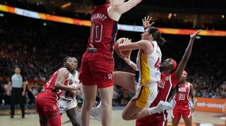 Breanna Stewart, of the United States, guards Spain's Iyana Martín during the Women's Basketball World Cup semifinal match between the United States and Spain in Berlin, Saturday, Sept. 12, 2026. (AP Photo/Ebrahim Noroozi)
