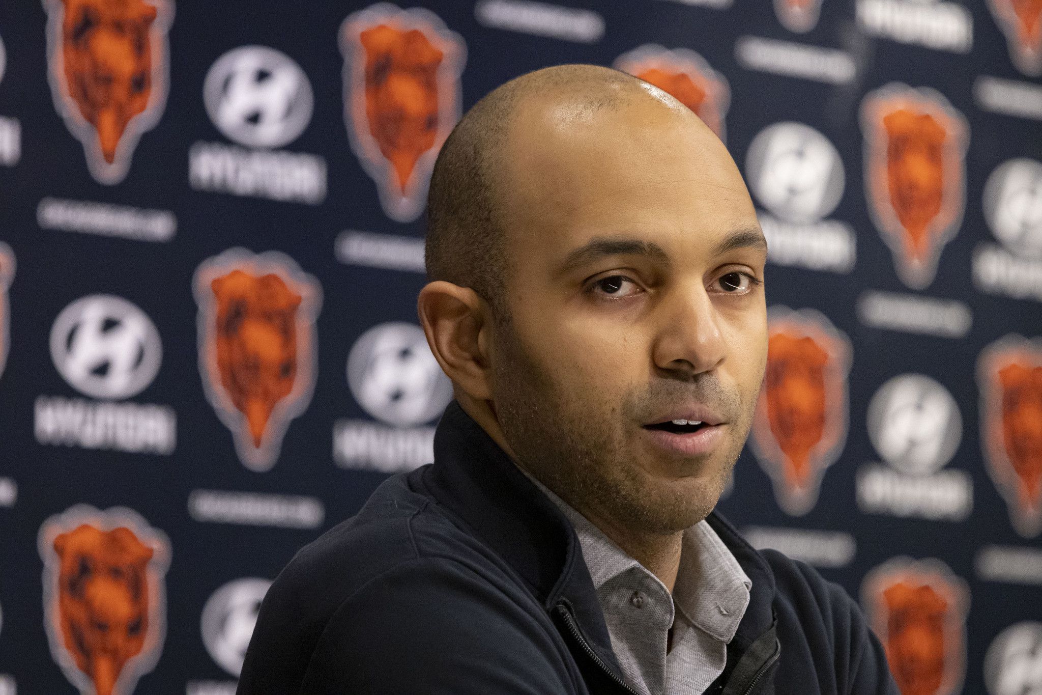 Bears assistant general manager Ian Cunningham speaks about the upcoming NFL draft on Tuesday, April 25, 2023, at Halas Hall. (Brian Cassella/Chicago Tribune/Tribune News Service via Getty Images)