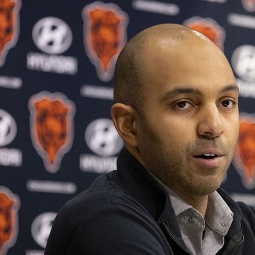 Bears assistant general manager Ian Cunningham speaks about the upcoming NFL draft on Tuesday, April 25, 2023, at Halas Hall. (Brian Cassella/Chicago Tribune/Tribune News Service via Getty Images)