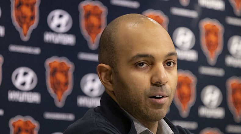Bears assistant general manager Ian Cunningham speaks about the upcoming NFL draft on Tuesday, April 25, 2023, at Halas Hall. (Brian Cassella/Chicago Tribune/Tribune News Service via Getty Images)