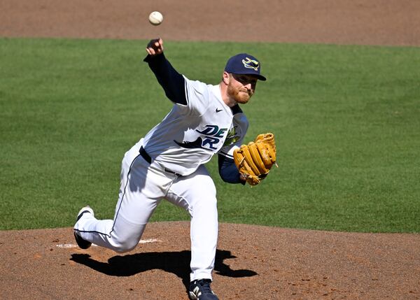 Tampa Bay Rays pitcher Drew Rasmussen throws during the second inning of a baseball game against the Atlanta Braves, Saturday, April 12, 2025, in Tampa, Fla. (AP Photo/Jason Behnken)