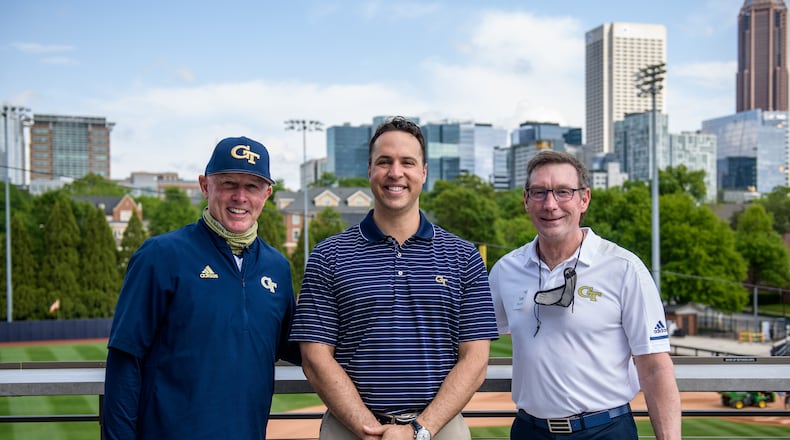 Georgia Tech baseball great and Major League Baseball star Mark Teixeira poses with Tech baseball coach Danny Hall (in uniform) and athletic director Todd Stansbury) at the dedication of the Mac Nease Baseball Park May 24, 2021. A viewing terrace was named in Teixeira's honor for his contributions to the project. (Danny Karnik/Georgia Tech Athletics)
