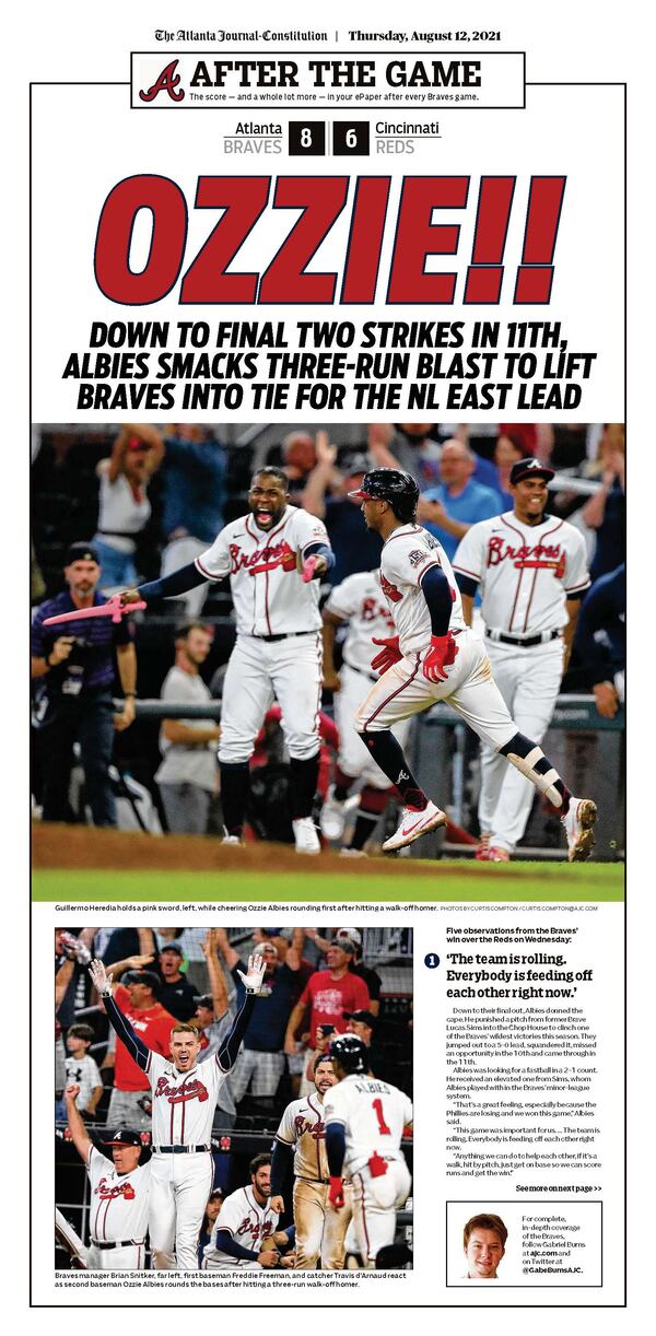 AJC Atlanta Braves update in today’s ePaper: 11th-inning blast, tie for lead in NL East