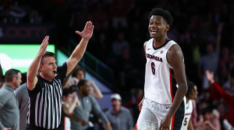 Georgia forward Kanon Catchings reacts after a 3-pointer during the second half of an NCAA college basketball game against Alabama, Tuesday, March. 3, 2026, in Athens, Ga. (AP Photo/Colin Hubbard)