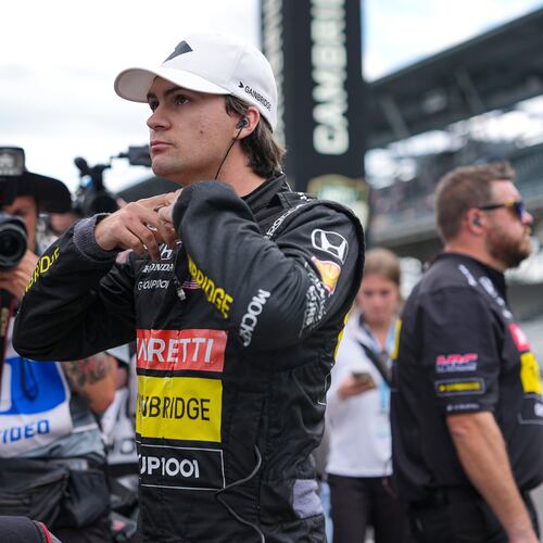 FILE - Colton Herta prepares to drive during qualifications for the Indianapolis 500 auto race at Indianapolis Motor Speedway in Indianapolis, May 17, 2025. (AP Photo/Michael Conroy, File)