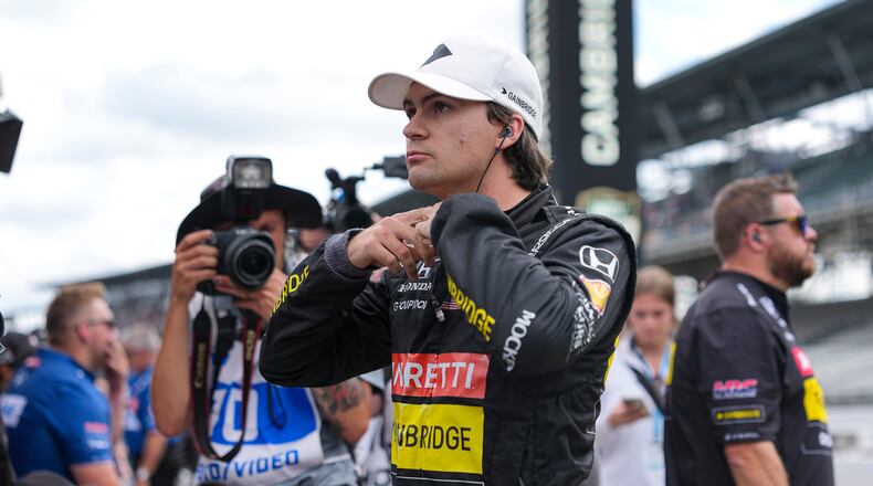 FILE - Colton Herta prepares to drive during qualifications for the Indianapolis 500 auto race at Indianapolis Motor Speedway in Indianapolis, May 17, 2025. (AP Photo/Michael Conroy, File)