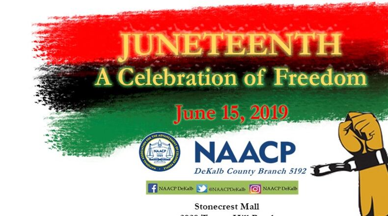 Screenshot of flyer advertising the DeKalb NAACP's 2019 Juneteenth celebration at Stonecrest Mall.