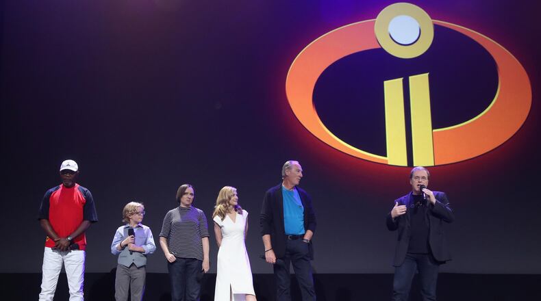 ANAHEIM, CA - JULY 14: (L-R) Actors Samuel L. Jackson, Huck Milner, Sarah Vowell, Holly Hunter, and Craig T. Nelson and director Brad Bird of The Incredibles 2 took part today in the Walt Disney Studios animation presentation at Disney's D23 EXPO 2017 in Anaheim, Calif. (Photo by Jesse Grant/Getty Images for Disney)