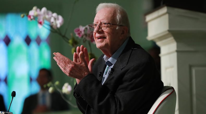 Former President Jimmy Carter returns to Maranatha Baptist Church in Plains less than a month after falling and breaking his hip to teach Sunday school on June 9, 2019.  Curtis Compton/ccompton@ajc.com