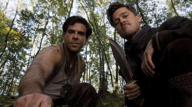 Lt. Aldo Raine (Brad Pitt) and Sgt. Donny Donowitz (Eli Roth) in Quentin Tarantino's Inglourious Basterds.
