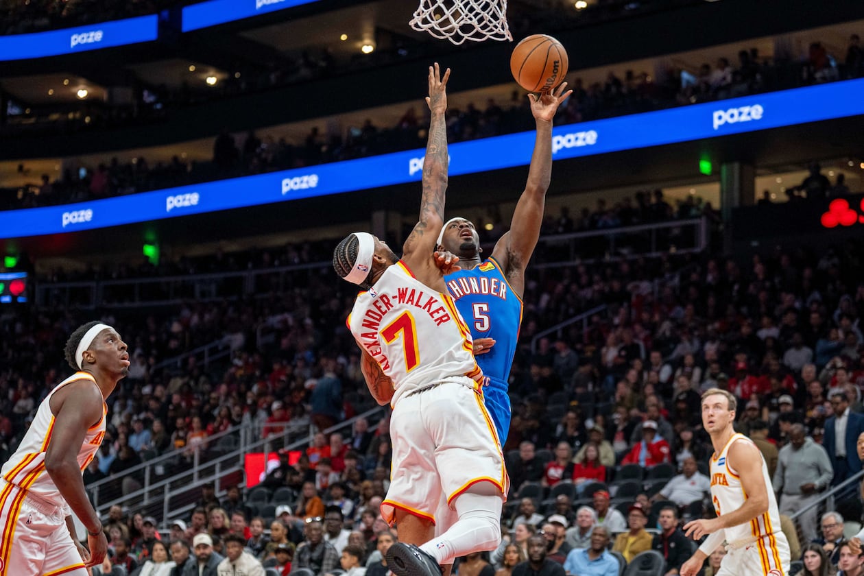 The Hawks fell 117-100 to the Thunder on the second night of back-to-back games. The Hawks were without three key players. (Erik Rank/AP)