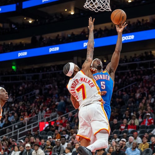 The Hawks fell 117-100 to the Thunder on the second night of back-to-back games. The Hawks were without three key players. (Erik Rank/AP)