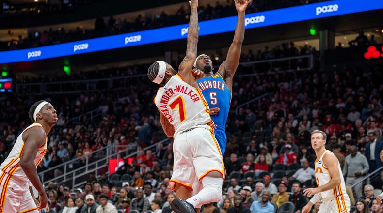 The Hawks fell 117-100 to the Thunder on the second night of back-to-back games. The Hawks were without three key players. (Erik Rank/AP)