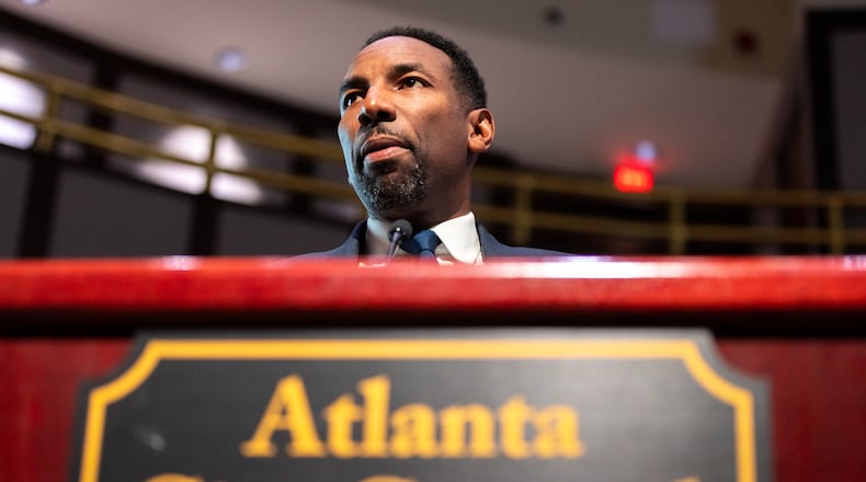 Mayor Andre Dickens updates the city council about the city’s water failure during a council meeting at City Hall in Atlanta on Monday, June 3, 2024. The water crisis has reached its fourth day following the breakage of several pipes. (Arvin Temkar / AJC)