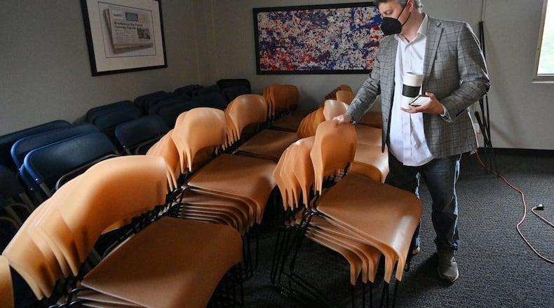 March 19, 2021 Brookhaven - Brookhaven Mayor John Ernst shows chairs those have not been used since all meetings went virtual because of the pandemic in the meeting room at Brookhaven City Hall building in Brookhaven on Friday, March 19, 2021. (Hyosub Shin / Hyosub.Shin@ajc.com)