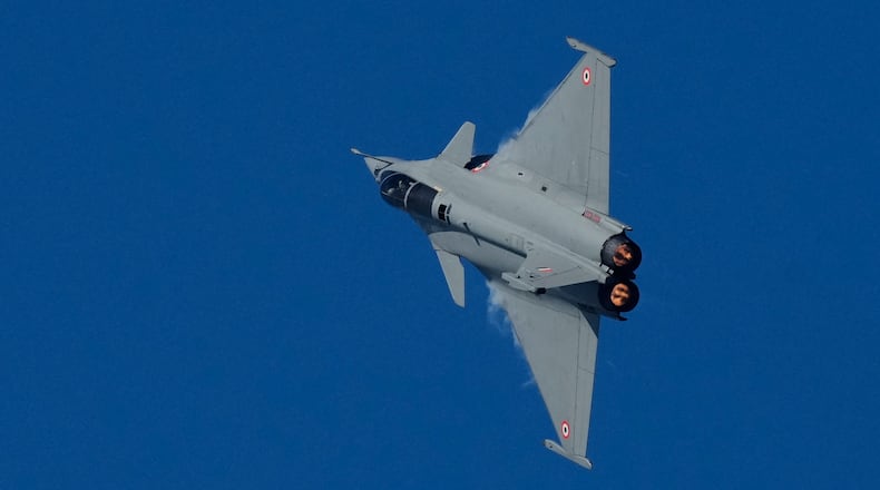 FILE - Indian Air Force aircraft Rafale performs during 93rd Indian Airforce Day celebration in Guwahati, India, Sunday, Nov. 9, 2025. (AP Photo/Anupam Nath, File)