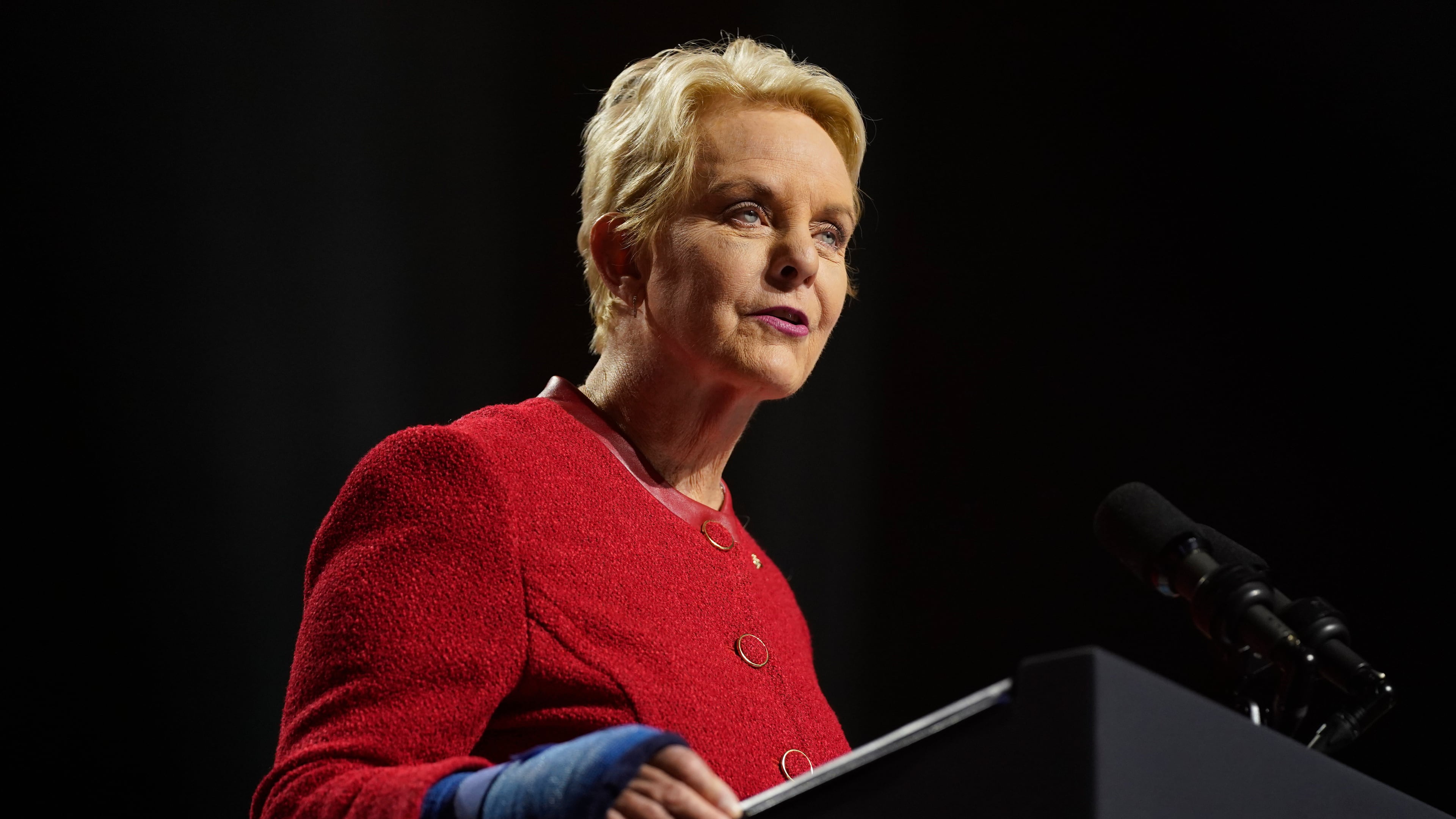 FILE - Cindy McCain, executive director of the World Food Programme and wife of the late Sen. John McCain, R-Ariz., speaks at the Tempe Center for the Arts, Sept. 28, 2023, in, Tempe, Ariz. (AP Photo/Evan Vucci, File)