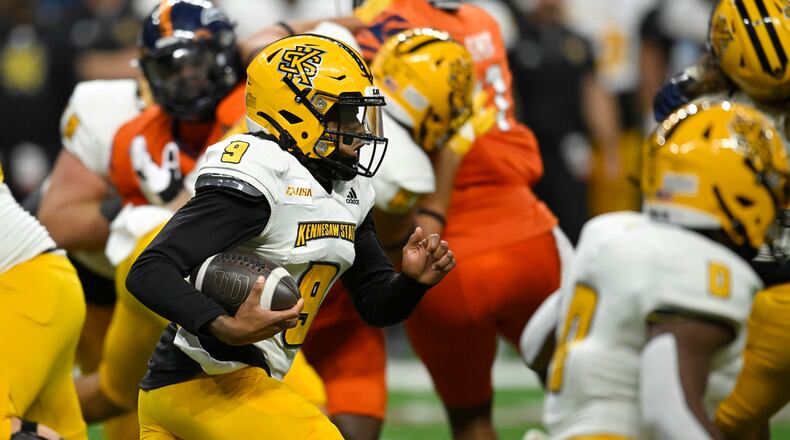 Kennesaw State quarterback Davis Bryson (9) completed 13 passes Wednesday night. (AP Photo/Darren Abate)