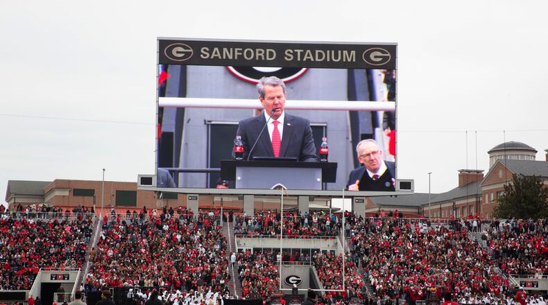 Governor Brian Kemp talks to the crowd during the National Championship celebration at Stanford Stadium Saturday, January 15, 2020   STEVE SCHAEFER FOR THE ATLANTA JOURNAL-CONSTITUTION