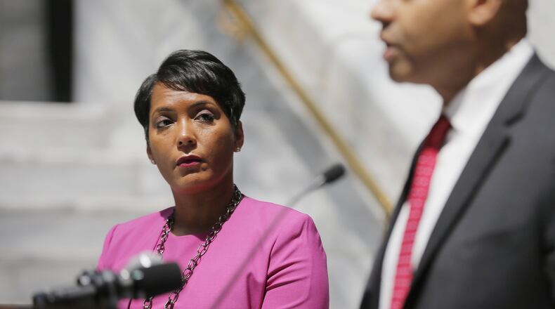 Mayor Keisha Lance Bottoms (left), along with city COO Richard Cox, answered questions about her cabinet resignation and the the cyberattack on city computers at a press conference at Atlanta City Hall ton April 10. Earlier she released a statement saying “I have asked for the resignation of all Cabinet members, and after further assessment will determine which resignations I will accept. Consistent with what I said upon taking office in January, I have taken the first 100 days to evaluate the leadership of my Administration.” Bob Andres bandres@ajc.com