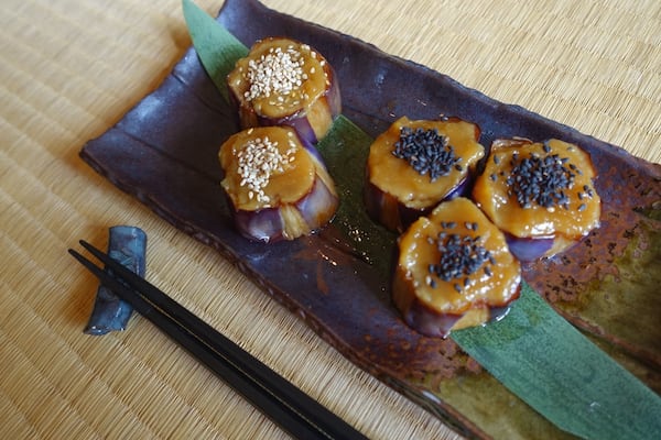 Nasu dengaku is eggplant sections roasted to an almost custard-like consistency, at Nakato. (Courtesy of Nakato)