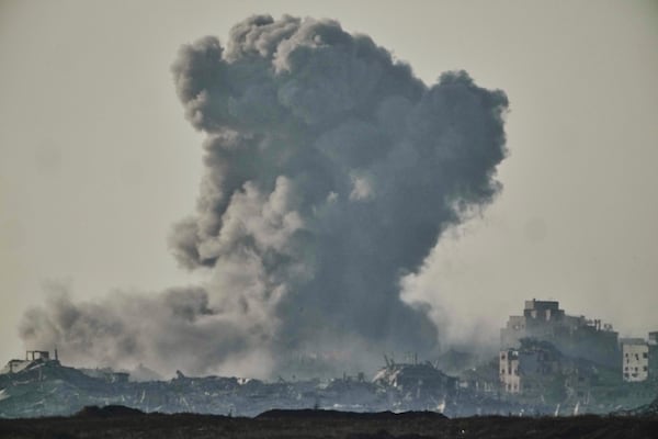 Smoke rises to the sky following an Israeli strike in the Gaza Strip as seen from southern Israel, Wednesday, June 11, 2025. (AP Photo/Ariel Schalit)