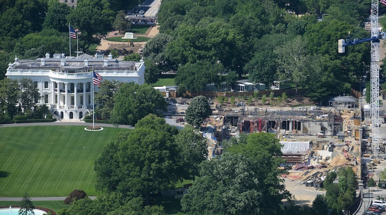 Work continues on the construction of the ballroom at the White House, Saturday, May 16, 2026, in Washington, where the East Wing once stood. (AP Photo/Rod Lamkey, Jr.)