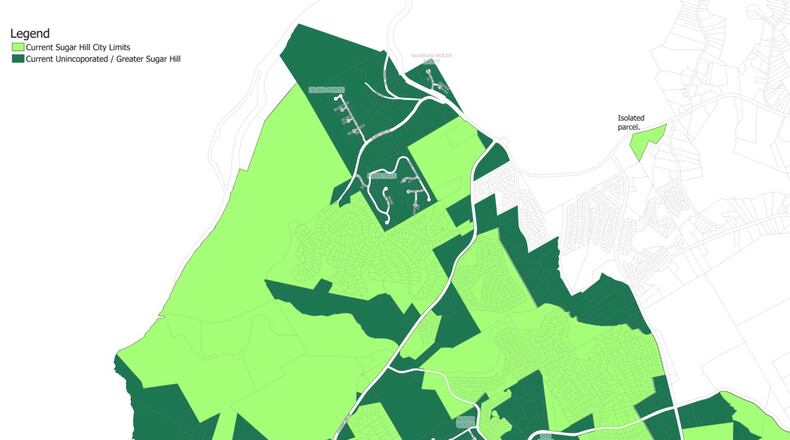 Sugar Hill hopes to close “gaps” in city limits. Light green areas are current Sugar Hill city limits, dark green are unincorporated areas of Greater Sugar Hill being considered for annexation. (Courtesy City of Sugar Hill)