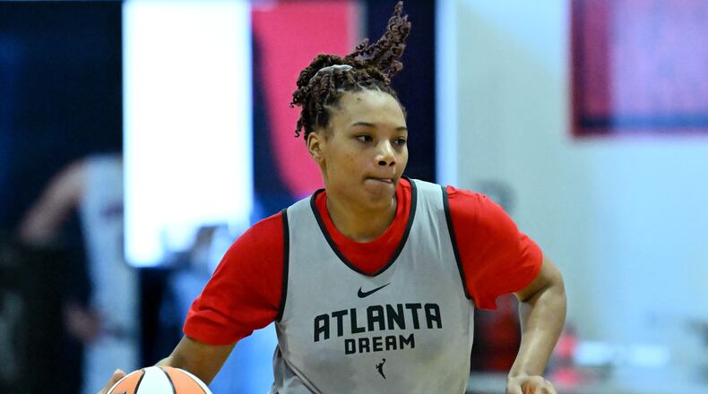 Atlanta Dream forward Naz Hillmon drives a ball during Dream training camp, Tuesday, May 2, 2023, in Chamblee. (Hyosub Shin / Hyosub.Shin@ajc.com)
