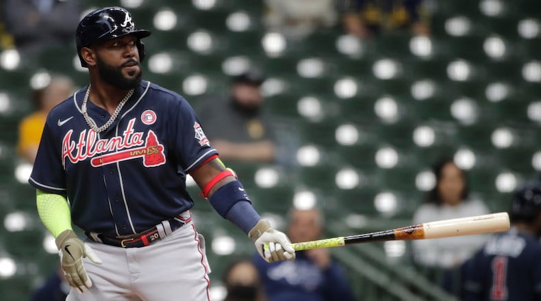 Atlanta Braves' Marcell Ozuna bats during the first inning against the Milwaukee Brewers on May 15 in Milwaukee. (Aaron Gash/AP)