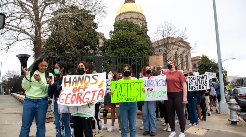 Students march around the state Capitol protesting what they call censorship legislation Friday, Feb. 25, 2022. The Georgia House approved one of the controversial measures, House Bill 1084, on Friday, March 4, 2022. (Steve Schaefer for The Atlanta Journal-Constitution)