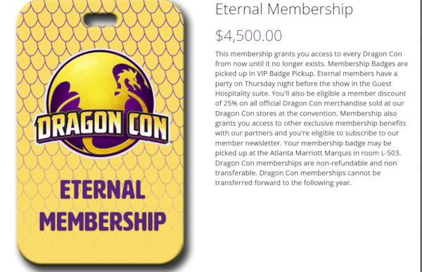 The 2025 benefits for Eternal membership at Dragon Con at a cost of $4,500. (DRAGPOMC)