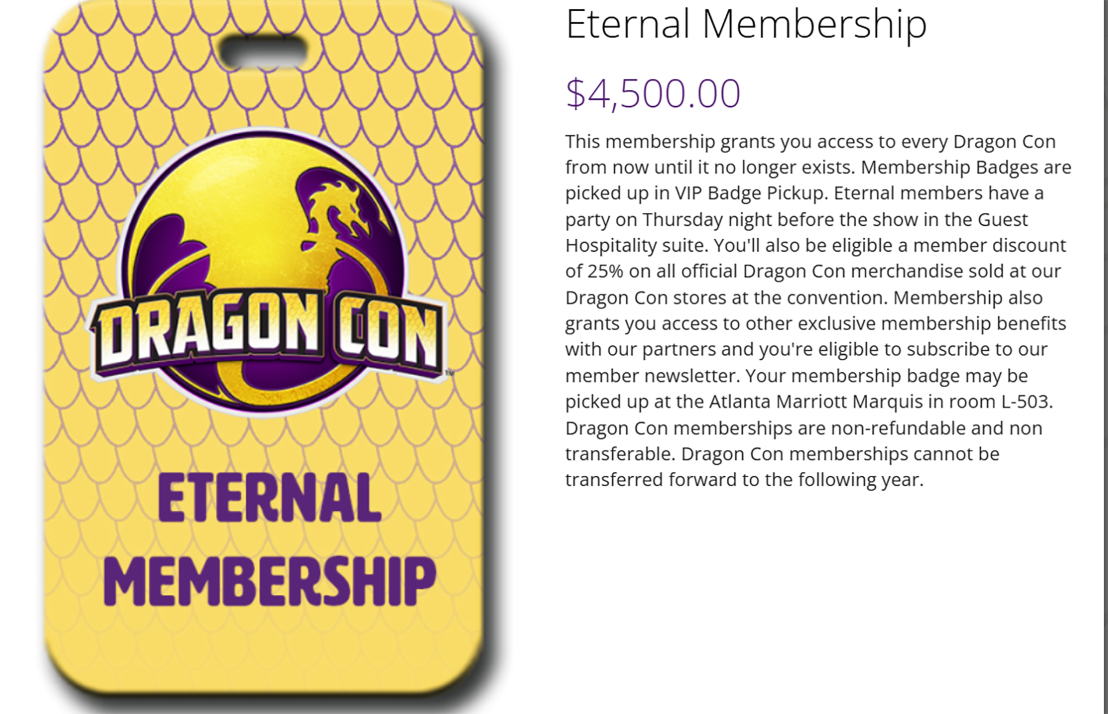 The 2025 benefits for Eternal membership at Dragon Con at a cost of $4,500. (DRAGPOMC)