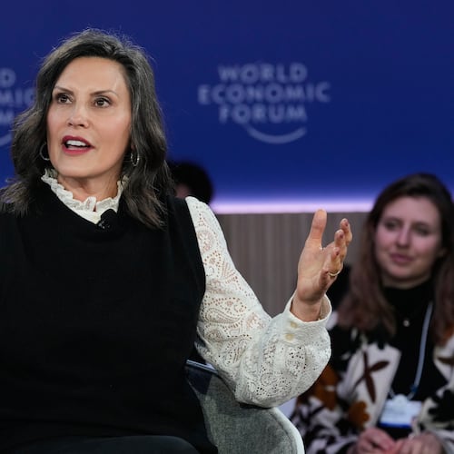 FILE - Michigan Gov. Gretchen Whitmer speaks during the Annual Meeting of the World Economic Forum in Davos, Switzerland, Jan. 21, 2026. (AP Photo/Markus Schreiber, File)