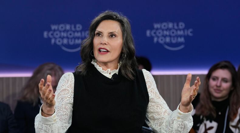 FILE - Michigan Gov. Gretchen Whitmer speaks during the Annual Meeting of the World Economic Forum in Davos, Switzerland, Jan. 21, 2026. (AP Photo/Markus Schreiber, File)
