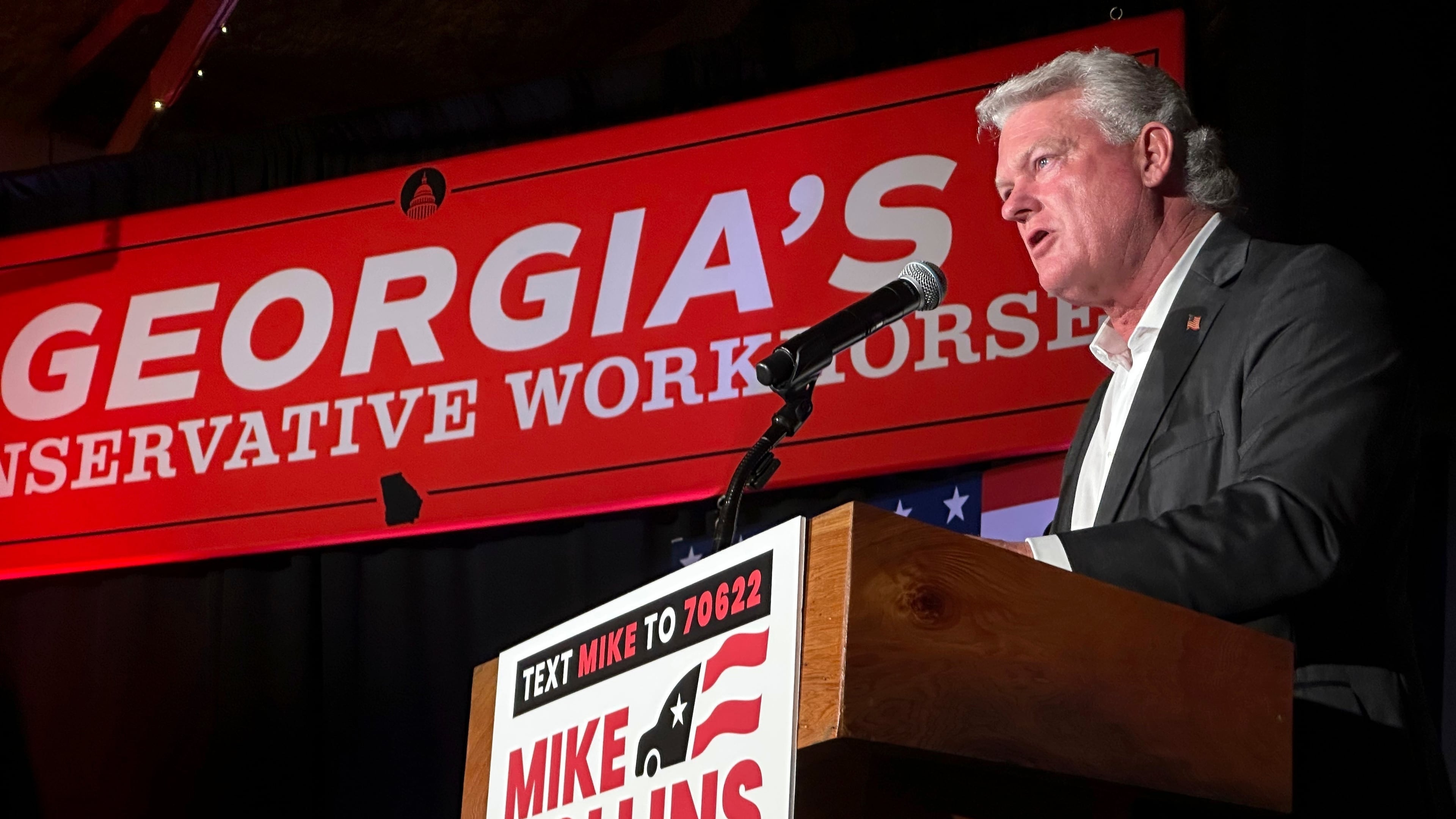 FILE - U.S. Rep. Mike Collins speaks at a Senate campaign event on Aug. 19, 2025, in Jackson, Ga. (AP Photo/Jeff Amy, File)