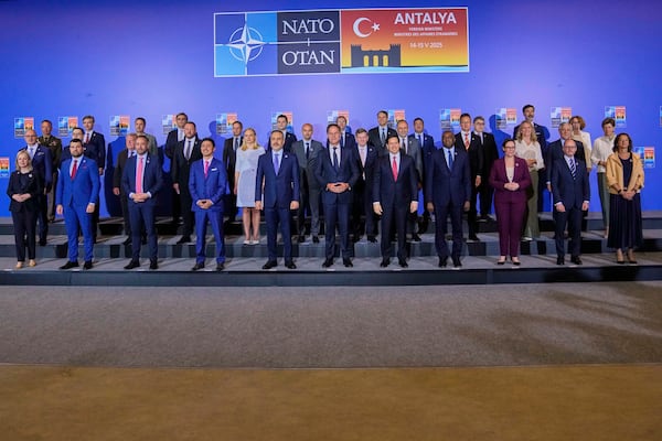 NATO foreign ministers pose for a group photo during their informal meeting in Antalya, southern Turkey, Thursday, May 15, 2025. (AP Photo/Khalil Hamra)
