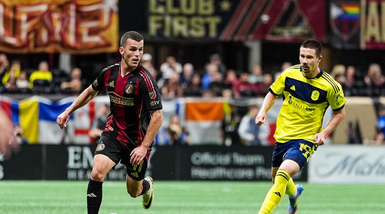 Atlanta United defender Brooks Lennon #11 during the match against the Nashville SC at Mercedes-Benz Stadium in Atlanta, GA on Saturday May 3, 2025. (Photo by Mitch Martin/Atlanta United)