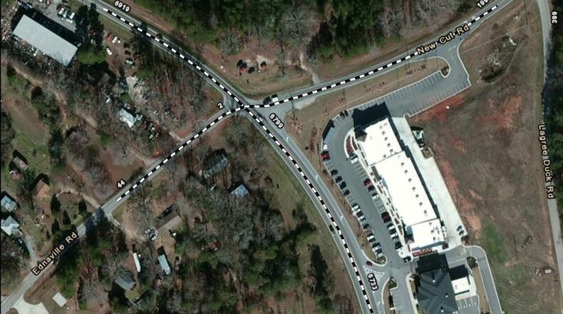 GDOT is looking to replace the existing two-way stop with an oval shaped roundabout at the intersection of Ga. 53, Ednaville Road and New Cut Road. (Courtesy GDOT)