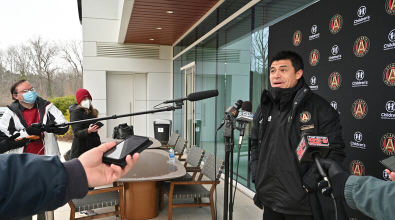 January 21, 2022 Marietta - Atlanta United Head Coach Gonzalo Pineda speaks to members of the press after their team training at Children's Healthcare of Atlanta Training Ground in Marietta on Friday, January 21, 2022. (Hyosub Shin / Hyosub.Shin@ajc.com)