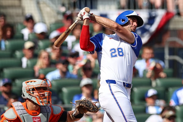 The Braves' Matt Olson hits a solo home run Saturday, July 5, 2025, against the Orioles at Truist Park in Atlanta. (Colin Hubbard/AP)