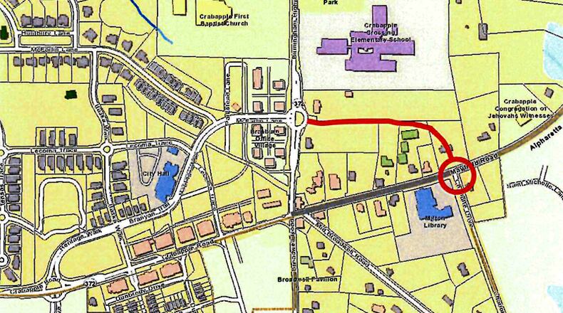 Pond & Co. will draw up concept plans for the Northeast Crabapple Connector Road (in red) from Mayfield Road to Birmingham Highway in Milton. CITY OF MILTON