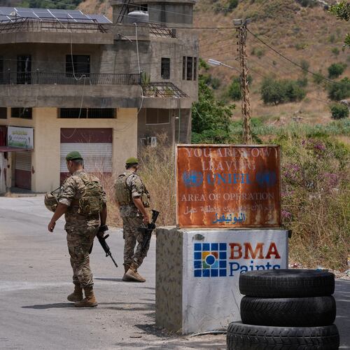 Lebanese army soldiers stand at a checkpoint in Froun village, southern Lebanon, Thursday, July 16, 2026. (AP Photo/Mohammed Zaatari)
