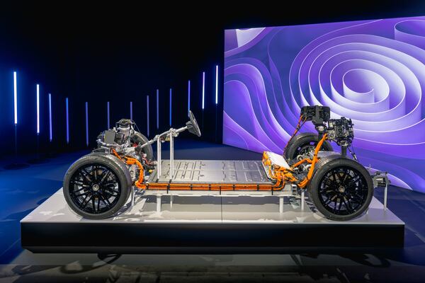 An image of the 2024 Porsche Macan EV platform, known as the  Premium Platform Electric (PPE) with 800-volt architecture, that powers the vehicle. The Macan 4 produces up to 402 horsepower and can go from 0 to 60 miles per hour in under 5 seconds, according to the company. The Macan Turbo, with 630 horsepower, can reach 60 from a dead stop in 3.1 seconds. The vehicles will be capable of being charged from 10% to 80% in as fast as 21 minutes, the company said, at a compatible charging station. Photo courtesy of Porsche.